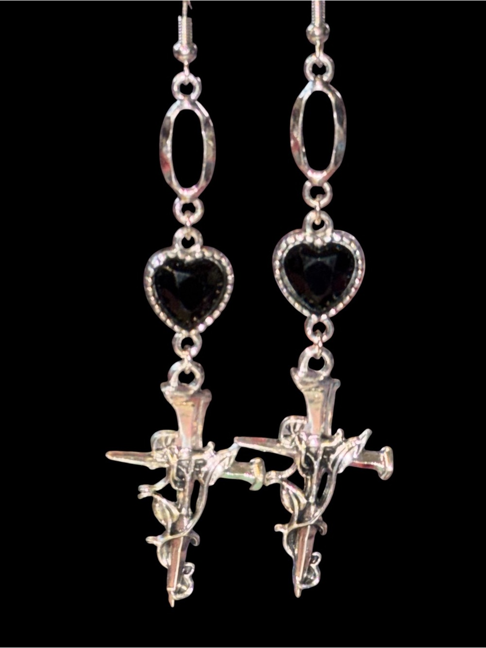 Handmade Silver-Tone Black Heart Cross Drop Earrings